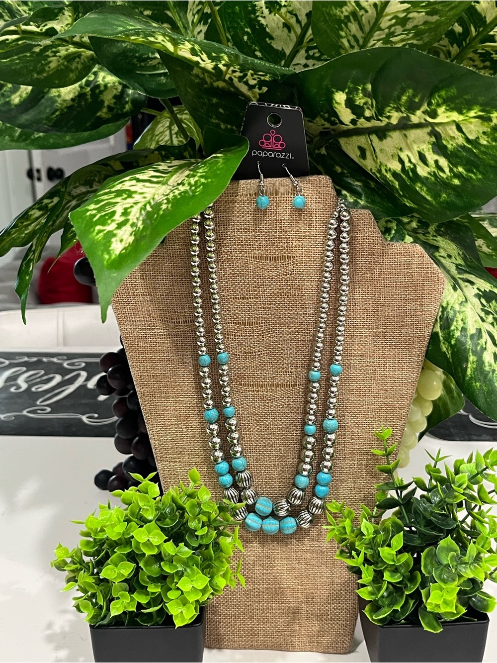 Paparazzi Turquoise and Silver Layered Bead Necklace with Matching Earrings